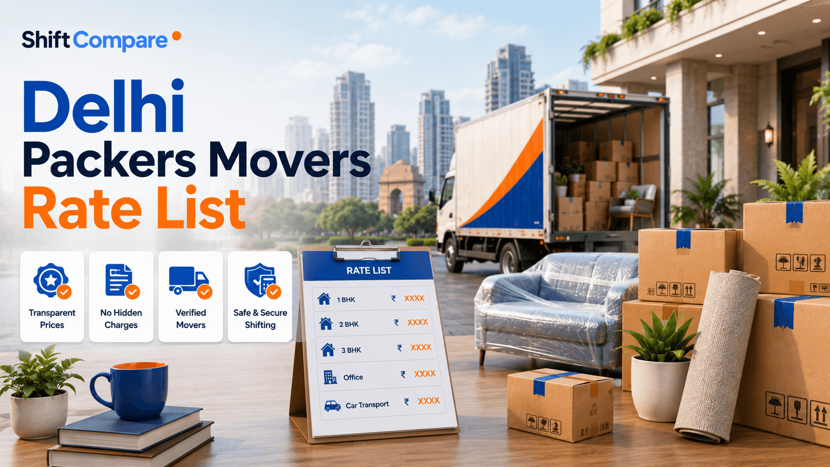 Delhi packers movers rate list by BHK, service type, vehicle add-ons and access costs